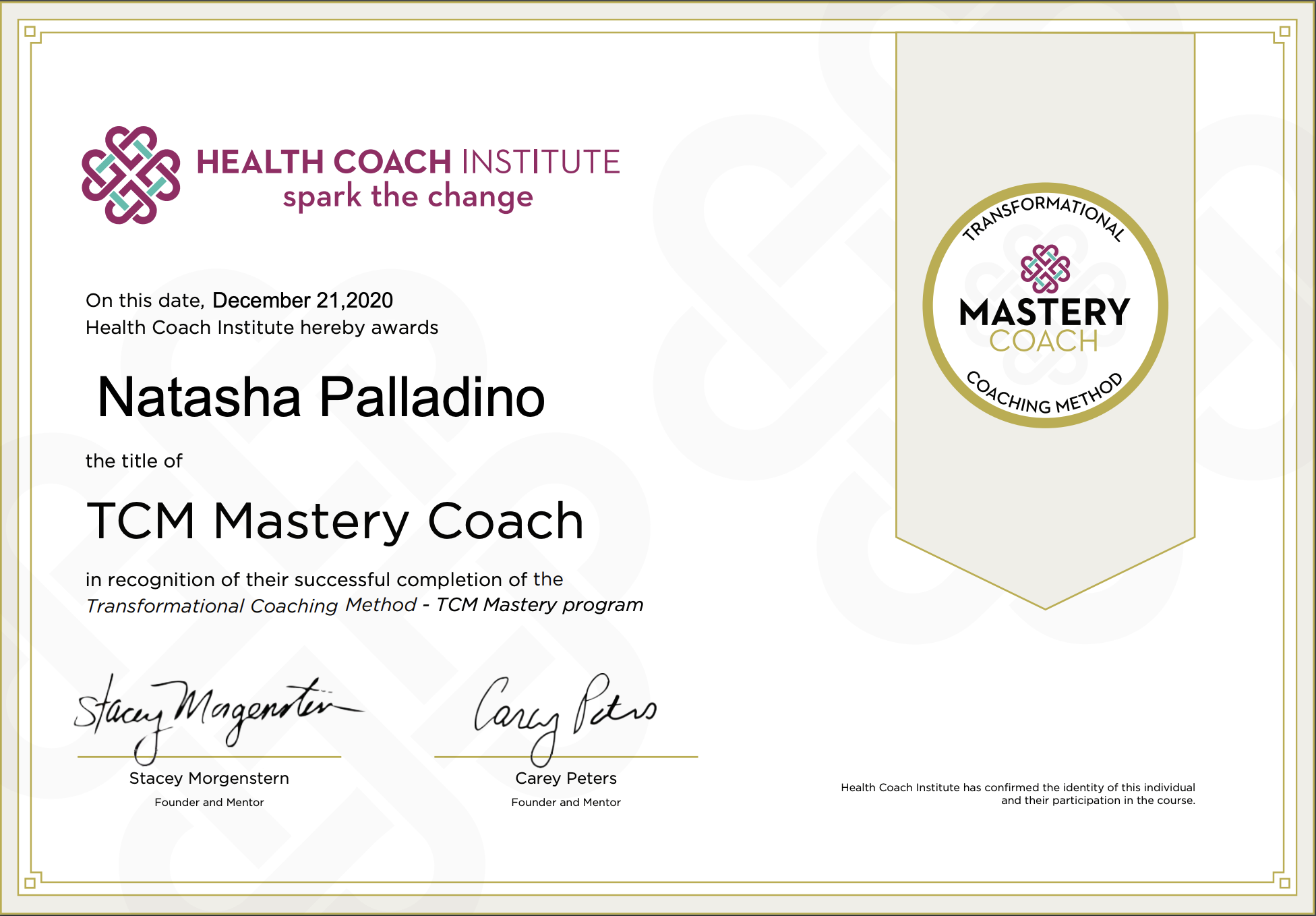 Certificate for TCM Mastery Coach
